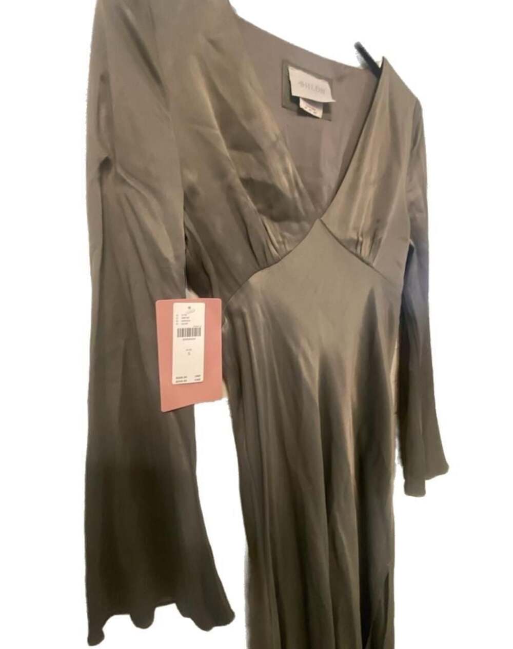 NWT BHLDN Anthropologie Avani Satin Olive Green V-Neck Long Sleeve Midi Dress S - Picture 4 of 8